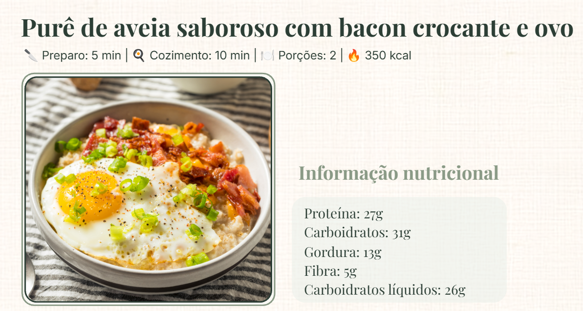 Página de receita de purê de aveia saboroso com bacon crocante e ovo
