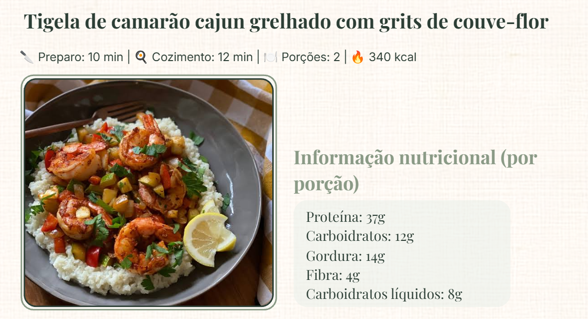 Página de receita de tigela de camarão cajun grelhado com grits de couve-flor