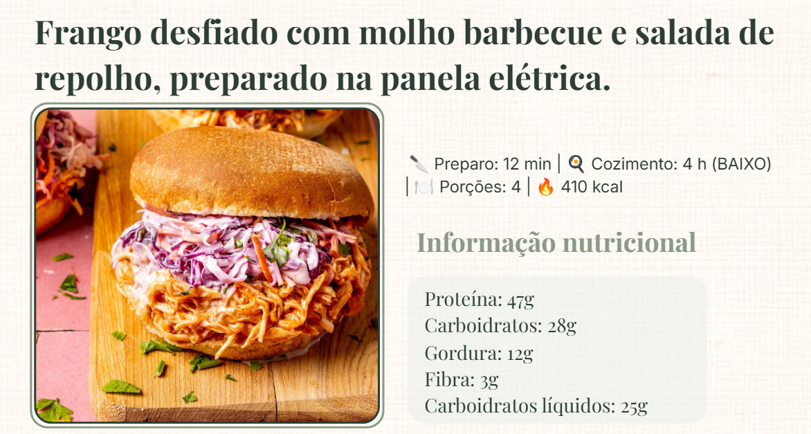 Página de receita de frango desfiado com molho barbecue e salada de repolho